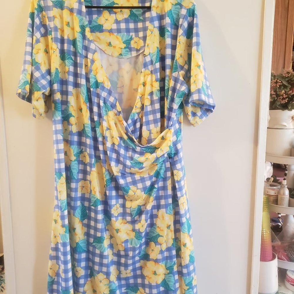 Womens kim rogers curvy blue gingham yellow floral midi length dress 1x